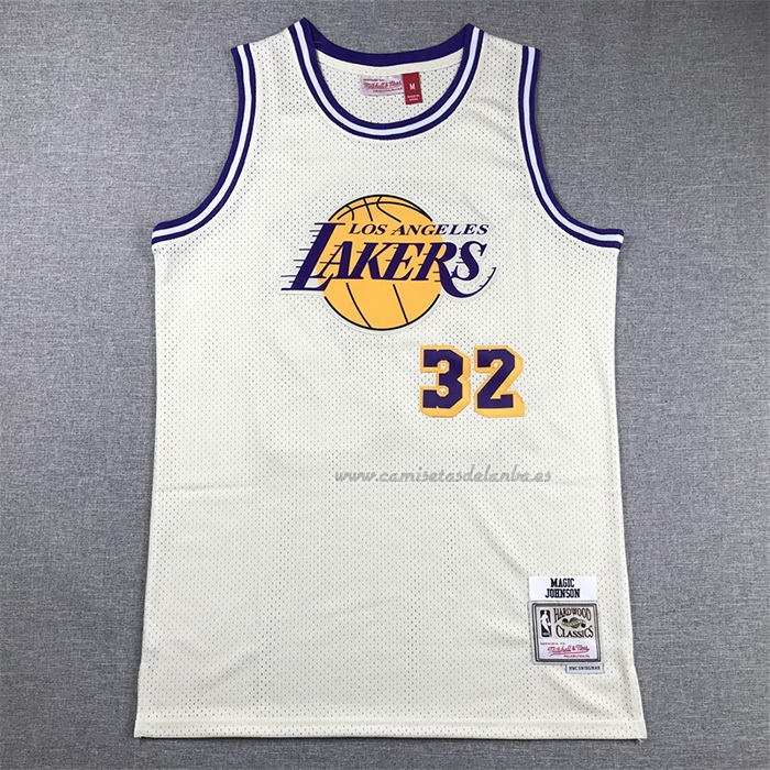 Camiseta Los Angeles Lakers Magic Johnson NO 32 Mitchell & Ness Chainstitch Crema